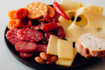 Cheese and meat appetizer selection. Prosciutto di Parma, salami, bread sticks, baguette slices, olives. Top view.