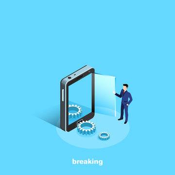 a man in a business suit is standing next to a smartphone from which the gears, isometric image