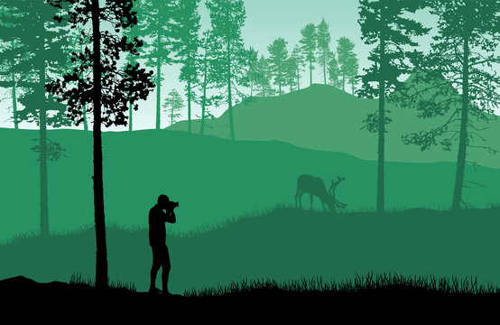 Green landscape vector with a man taking picture of a deer in a forest.