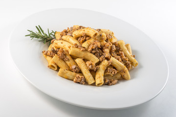 Plate of macaroni pasta with Bolognese ragù