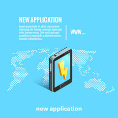 Fototapeta premium smartphone on the background of a world map with a golden lightning on the screen, an isometric image