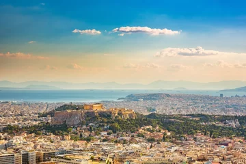 Gordijnen Panoramisch luchtfoto van Athene, Griekenland op zomerdag © sborisov