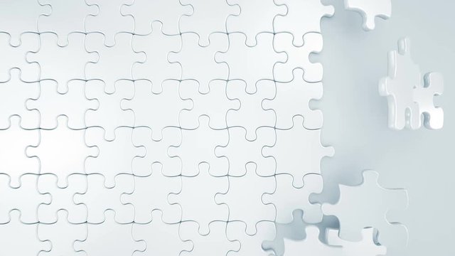 Beautiful White Puzzle Pieces Falling Down on the Screen 3d Animation. Useful for Transitions. Green Screen. Alpha Mask. 4k UHD 3840x2160.