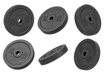 3d rendering of many isolated black 25 kg barbell weights hanging on a white background turned to different sides.