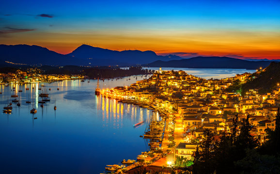 Fototapeta Greek town Poros at night, Greece