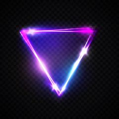 Neon sign. Triangle background. Glowing electric abstract frame on dark transparent backdrop. Light signage with glow. Night club laser banner. Bright 3d vector illustration with flares and sparkles.