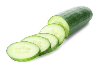 Fresh green sliced cucumber on white background