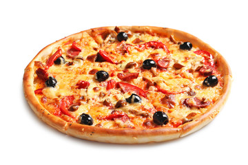 Delicious pizza with olives and sausages on white background