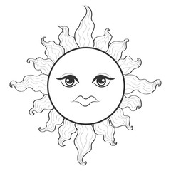Bohemian hand drawn sun. Vector illustration for coloring book, t-shirts design, tattoo.Vector illustration.