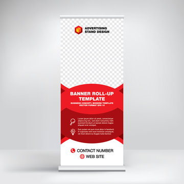 Roll-up banner, advertising template stand for the exhibition. Design for seminars, presentations, conferences, promotions, modern business concept, creative red background
