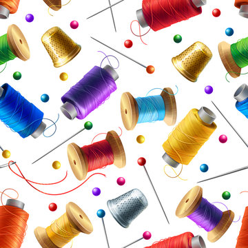 Vector realistic seamless pattern with sewing tools. Decorative background with supplies for tailoring and needlework, pins, spools of thread, needles. Colorful print for textile products, wrapper