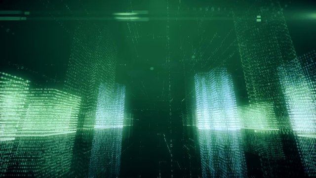 Seamless abstract flight in a virtual digital city in a binary code space, green color