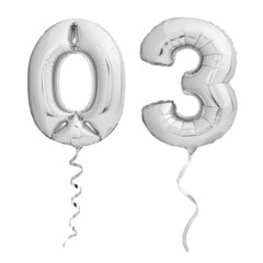 Silver number 03 made of inflatable party balloons with silver ribbons isolated on white background