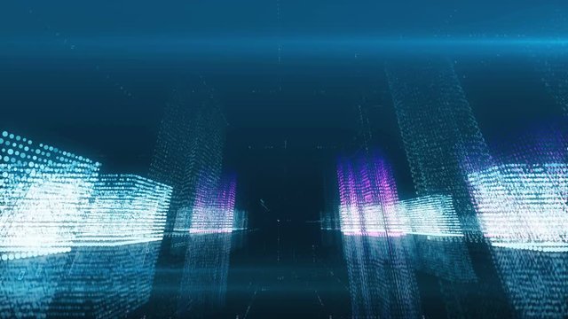 Seamless abstract flight in a virtual digital city in a binary code space, blue color