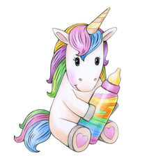  Cute baby  unicorn cartoon, isolated on white. © rvika