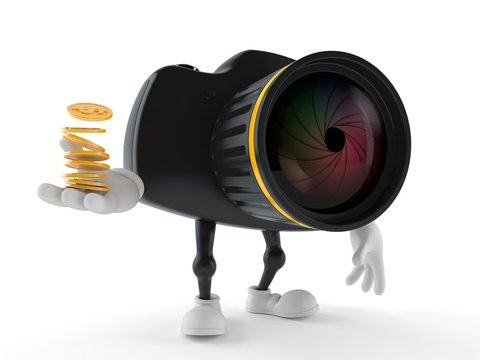 Camera character with stack of coins