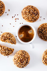 a cup of espresso and fresh biscuits on a white background. a frame for bars, cafes, coffee houses, bakeries  and restaurants with fresh pastries