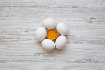 White chicken eggs, top view. Closeup.