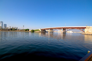 Fototapeta premium Beautiful view of sharjah corniche bridge and union flag