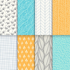 Abstract decorative doodle nature seamless patterns set. Hand drawn linear and silhouette flowers, branches, leaves textures. Simple universal background. Vintage colors. Vector illustration