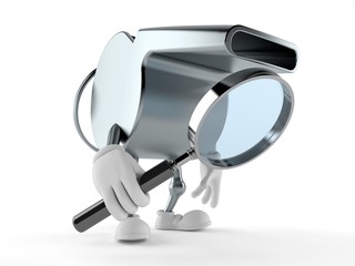 Whistle character looking through magnifying glass