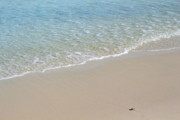 Fototapeta na wymiar Turquoise sea water on sand beach photo background. Wave on white beach sand. Tropical seashore idyllic view.