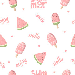 Vector cartoon seamless pattern with funny summer things illustrations- ice cream, watermelon, words