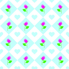 Roses and hearts seamless background - pattern for continuous replicate in light blue, magenta and green colors. Can be used for fabric, wallpaper, printing works. Ready adobe illustrator swatch.