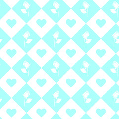 Roses and hearts seamless background - pattern for continuous replicate in light blue color.