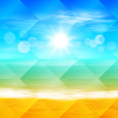 Fototapeta na wymiar Beach and tropical sea with bright sun. Polygonal illustration consist of hexagonal elements. Triangular pattern for your summer travel design. Geometric background with gradient. EPS10 vector.