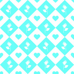 Roses and hearts seamless background - pattern for continuous replicate in light blue color.. Can be used for fabric, wallpaper, printing works. Ready adobe illustrator swatch.