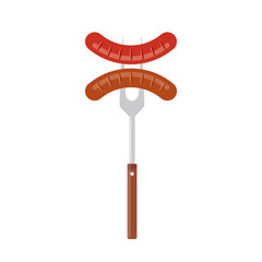 Sausage on barbecue fork. Grilled sausage. Vector illustration flat design. Isolated on white background.