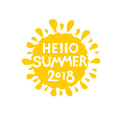 Hello Summer 2018. Inscription against the background of the solar symbol. Vector lettering summer template.