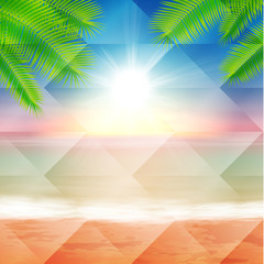 Beach and tropical sea with palmtree leaves. Polygonal illustration consist of hexagonal elements. Triangular pattern for your summer travel design. Geometric background with gradient. EPS10 vector.