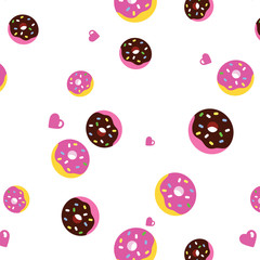Fototapeta na wymiar Pattern with sweets - raspberry and chocolate donuts. Cute desserts background. Desserts background, design for wedding, birthday, baby shower, gift wrapping paper, menu, cafe and textile design