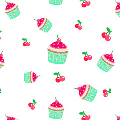 Seamless pattern with sweets -  cupcake and cherry. Cute desserts background. Desserts background, design for wedding, birthday, baby shower, gift wrapping paper, menu, cafe and textile design