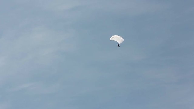 A man parachutes down to the ground. Parachute flight. The view from the ground