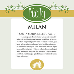 Designe page or menu for Italian products. It can be a guide with information about Italian city of Milan