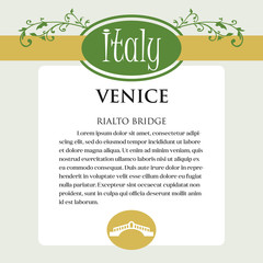 Designe page or menu for Italian products. It can be a guide with information about Italian city of Venice.Rialto Bridge