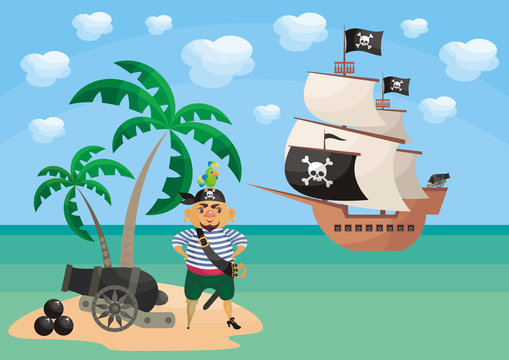 Vector background with image of a pirate and ship in cartoon style. Children's illustration.