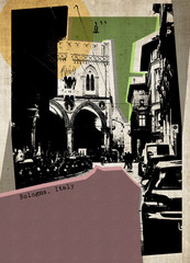 retro postcard of Bologna, collage fron my own photos and textured backgrounds