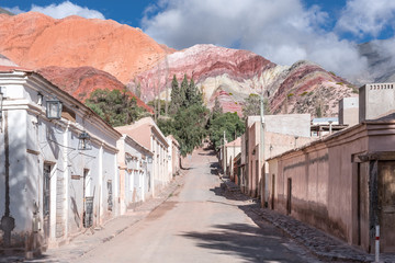 Purmamarca town and red mountains full of colours
