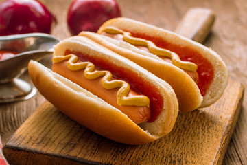 two classic hot dogs with ketchup and mustard