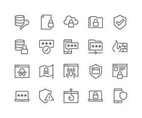 Simple Set of Data Security Related Vector Line Icons. Contains such Icons as Firewall, Pirate Flag, Web Spider, Password and more. Editable Stroke. 48x48 Pixel Perfect.