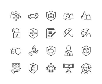 Simple Set of Insurance Related Vector Line Icons. Contains such Icons as Car Protection, Health Insurance, Contract and more. Editable Stroke. 48x48 Pixel Perfect.