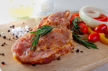 raw pork chop steak on wooden background.