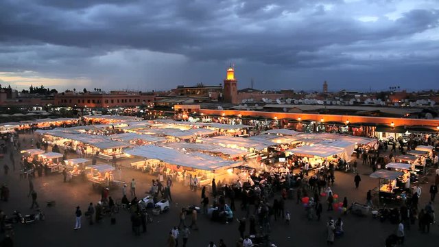Elevated view over Djemaa el-Fna night market, Marrakech (Marrakesh), Morocco, North Africa, Africa