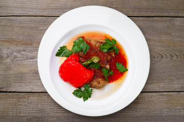 Grill restaurant menu, baked bell pepper with chicken nuggets and parsley, Tasty hot meat and vegetables, appetizing dietary eating. Food photo art, healthy delicious dinner