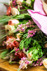 Roses in a brides flower bouquet. Soft focus