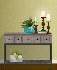 Stylized trio of wooden candlesticks and houseplants on a wooden cabinet with gold wall background. Plenty of copy space. Flat vector with texture, shadow and detail.